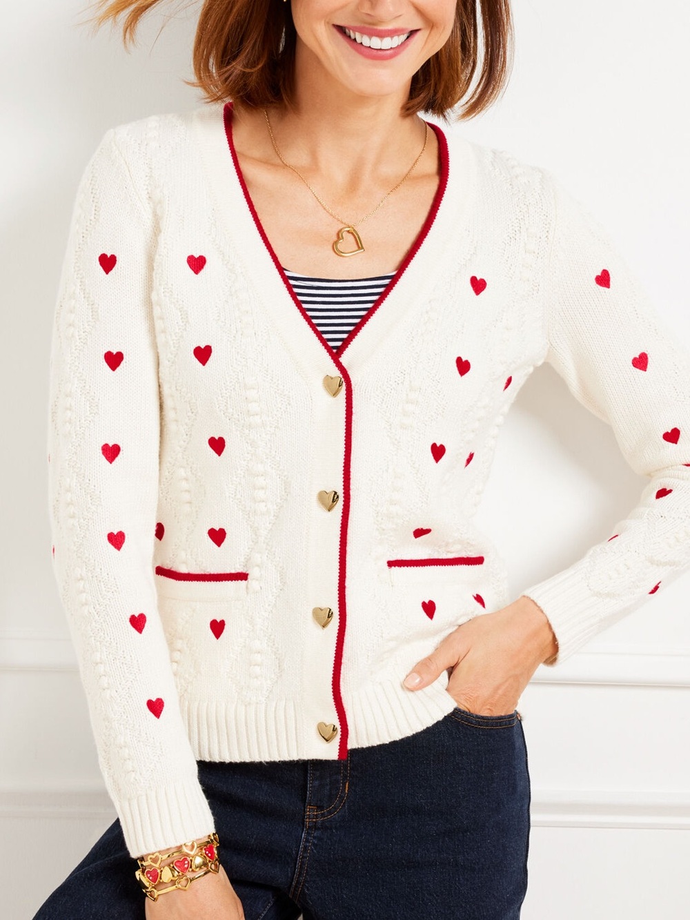 TALBOTS EMBROIDERED HEARTS CARDIGAN SIZE 1X ARGYLE STITCH SWEATER